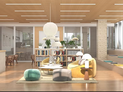 Artistic Book Art Interior With Stylish Bookshelves Cozy Seating And Plants 3d model