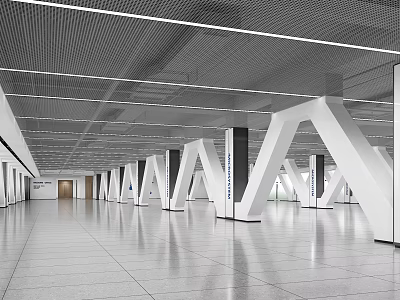 Modern Public Office Space With White Pillars Ceiling Lighting And Sleek Flooring 3d model