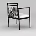 Chinese Style Chair With Black Frame Armrest And Mountain Landscape Backrest White Cushion