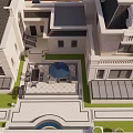 Twin Villa Exterior With Domed Roofs Stone Facade Balconies Parking Area And Mountain View