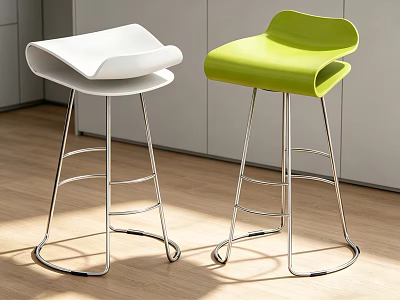 Modern White and Green Bar Stools with Curved Backrests Chrome Metal Frames in Kitchen 3d model