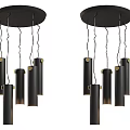 Modern Black and Gold Chandeliers with Cylindrical Tubes and Curved Wires on Circular Base