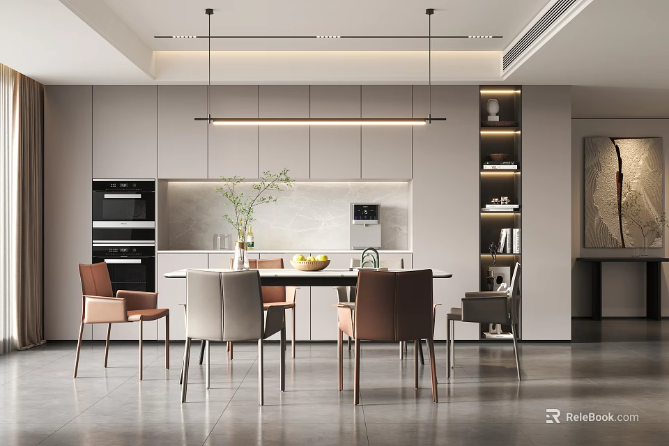 Modern Restaurant Interior With Dining Table Chairs Pendant Lights And Cabinets 3d model