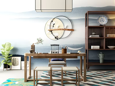 New Chinese Style Desk and Chair 3d model