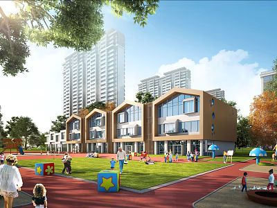 Modern School Building With Playground Green Space And Children Activities Area 3d model