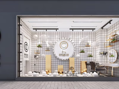 Modern Shop Window with White Tile Wall Gold Decorations Round Logo and Green Plants 3d model