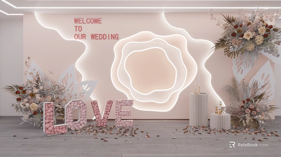 Wedding Floral Decor with Illuminated Rose Backdrop LOVE Letters Welcome Sign and Petals 3d model 