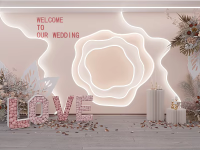 Wedding Floral Decor with Illuminated Rose Backdrop LOVE Letters Welcome Sign and Petals 3d model