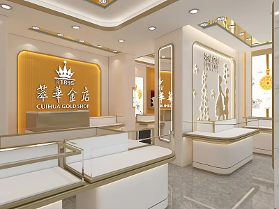 Elegant Jewelry Store Interior With Glass Display Counters And Gold Decorations 3d model
