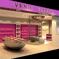 Modern Elegant Boutique Interior With Circular Light Strip Ceiling Pink Curved Shelves White Sofa And Mirrors