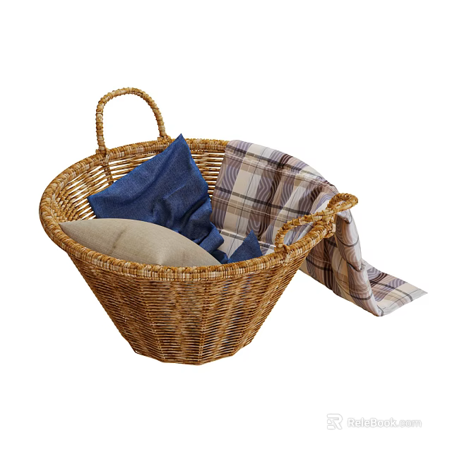 Woven Rattan Storage Basket With Handle Holding Blue Beige And Plaid Fabric 3d model 