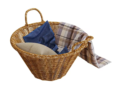 Woven Rattan Storage Basket With Handle Holding Blue Beige And Plaid Fabric 3d model