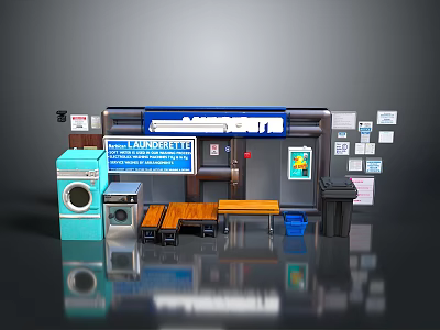 Laundromat Interior with Sign Washing Machine Dryer Bench Trash Can and Posters 3d model