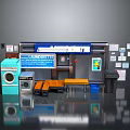 Laundromat Interior with Sign Washing Machine Dryer Bench Trash Can and Posters