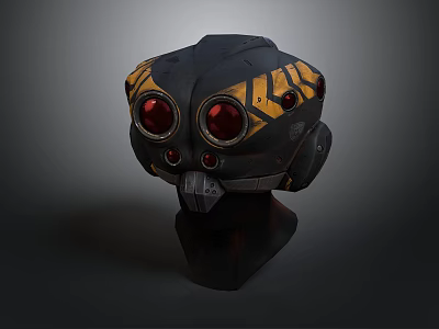 Black Sci Fi Helmet With Red Circular Lenses Yellow Geometric Patterns And Metal Components 3d model