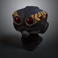 Black Sci Fi Helmet With Red Circular Lenses Yellow Geometric Patterns And Metal Components