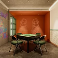 Hotel Mahjong Room Interior With Orange Walls Dragon Patterns And Green Chairs