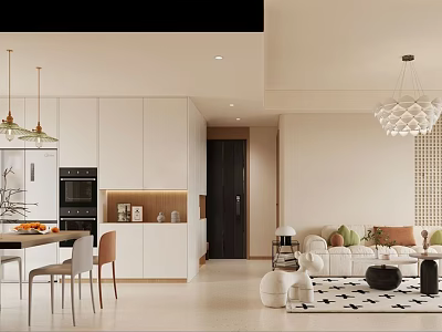 Modern Dining Living Room Interior With Sofa Dining Table And Pendant Lights 3d model