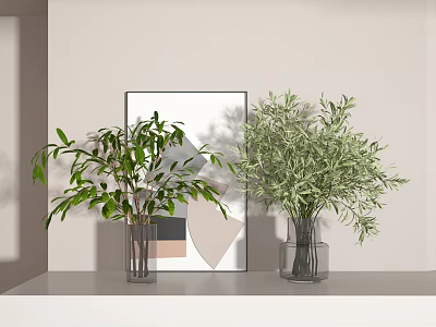 Green Plants in Transparent Glass Vases with Geometric Art Painting on Light Colored Shelf 3d model