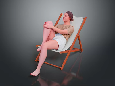 Child Sitting On Wooden Deck Chair Wearing Brown Top And White Shorts Against Gray Background 3d model