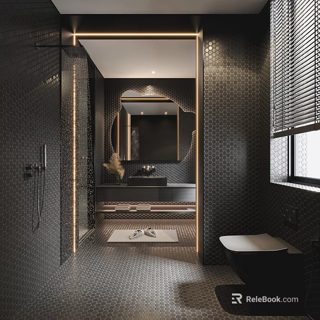 Modern Bathroom Interior With Black Tiles Round Mirror Vanity And Shower Area 3d model 