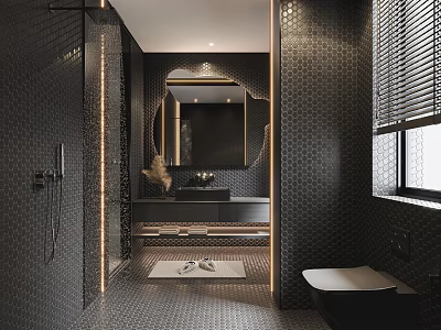 Modern Bathroom Interior With Black Tiles Round Mirror Vanity And Shower Area 3d model