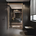 Modern Bathroom Interior With Black Tiles Round Mirror Vanity And Shower Area