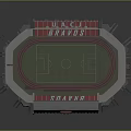 Football Stadium Featuring Red Stands Green Grass Pitch And Red Running Track