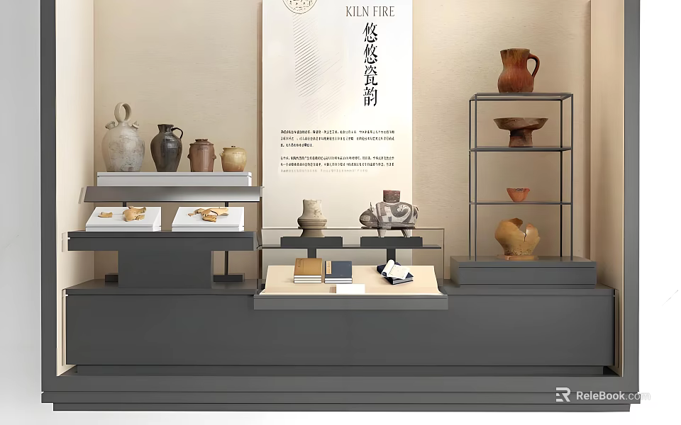 Traditional Cultural Center Interior With Ancient Pottery Exhibits And Glass Display Shelves 3d model 