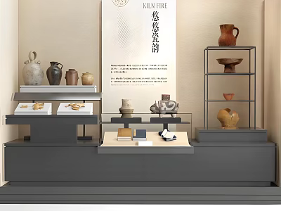 Traditional Cultural Center Interior With Ancient Pottery Exhibits And Glass Display Shelves 3d model