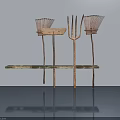Vintage Rustic Metal Artwork With Horizontal Plate And Farm Tool Inspired Structures On Blue Surface