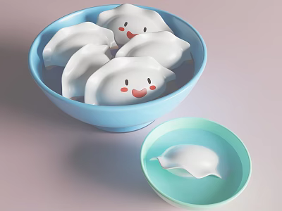 White Dumplings With Smiling Faces In Blue Bowl And Light Green Small Bowl With Soup 3d model