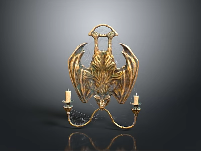 Golden Bat Wing Candelabra With Ornate Design And Two Candles 3d model