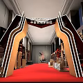Elegant Banquet Hall Setup With Long Dining Tables Black Chairs And Red Stage Lighting