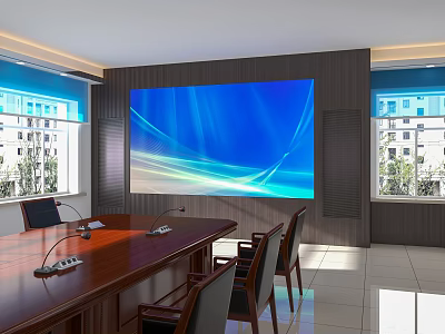 Modern Conference Room Interior With Large Blue Screen Wooden Table Chairs And Windows 3d model