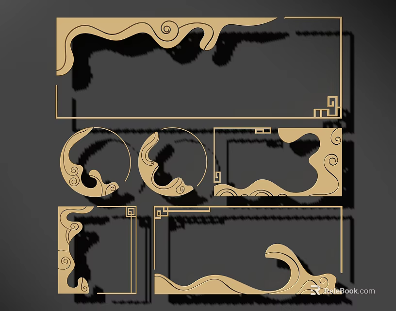 Artistic Wall Decor With Rectangular Circular Shapes Ornate Wave Cloud Motifs Wooden Decorative Design 3d model 