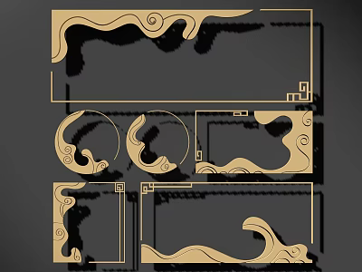 Artistic Wall Decor With Rectangular Circular Shapes Ornate Wave Cloud Motifs Wooden Decorative Design 3d model