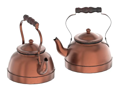 Vintage Copper Teapots With Wooden Handles And Classic Spouts Design 3d model