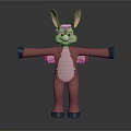 Cartoon Donkey Game Character 3D Model Standing With Arms Outstretched Brown Body Pink Inner Ears