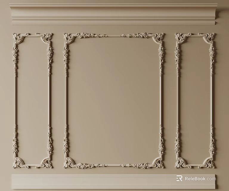 Decorative Ornate Lines With Wall Frames On Beige Interior Background 3d model