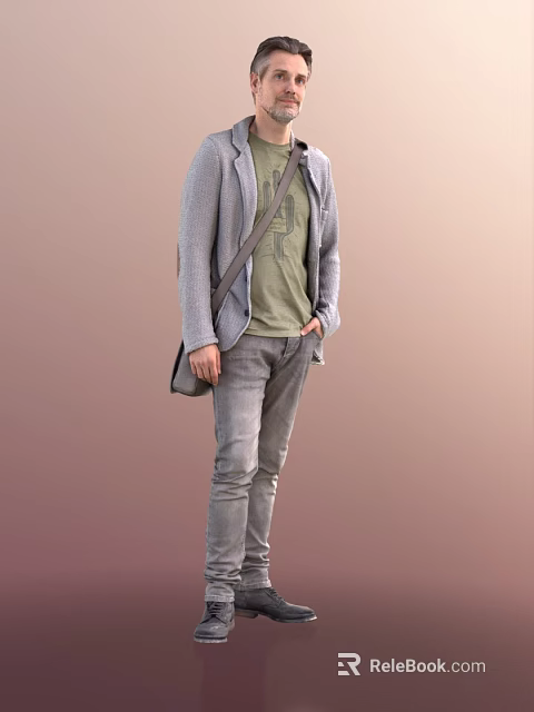 A Man In Gray Cardigan Green T shirt Jeans With Crossbody Bag On Gradient Background 3d model 