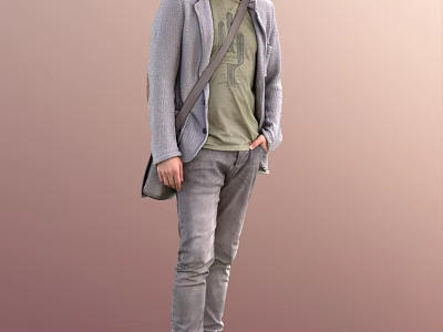 A Man In Gray Cardigan Green T shirt Jeans With Crossbody Bag On Gradient Background 3d model
