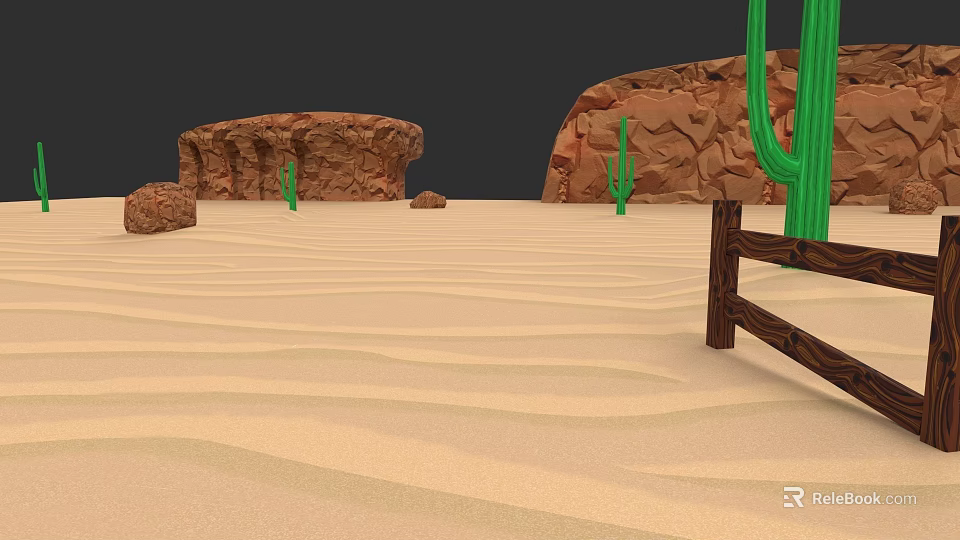 Desert Natural Landscape With Rolling Sand Dunes Green Cacti Rock Formations And Wooden Fence 3d model 