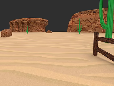 Desert Natural Landscape With Rolling Sand Dunes Green Cacti Rock Formations And Wooden Fence 3d model