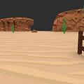 Desert Natural Landscape With Rolling Sand Dunes Green Cacti Rock Formations And Wooden Fence