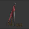 Red Flag On Flagpole With Wooden Fence Sections In White Background