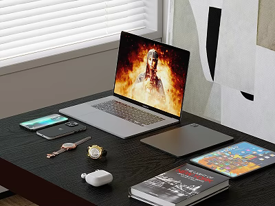 Efficient Laptop Workspace With Vibrant Display Smartphone Tablet Watch And Notebook 3d model