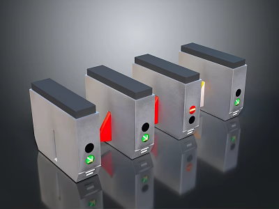 Four Metal Turnstiles with Red Green Indicators for Modern Security Access 3d model