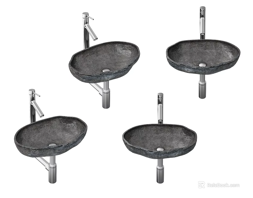 Four Modern Stone Bathroom Washbasins With Faucets And Pedestal Stands Design 3d model 