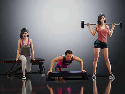 Multiple People Exercising Doing Push Ups Lifting Dumbbells And Holding Barbell With Bench 3d model